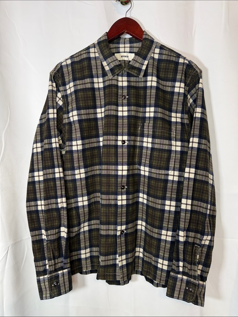 Buck Mason Olive, Navy & White Plaid Button-Down Shirt size L